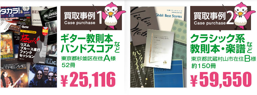 買取事例1 ギター教則本バンドスコアなど 東京都杉並区在住A様 52冊 \25,116 買取事例2 クラシック系教則本・楽譜など 東京都武蔵村山市在住B様 約150冊 \59,550